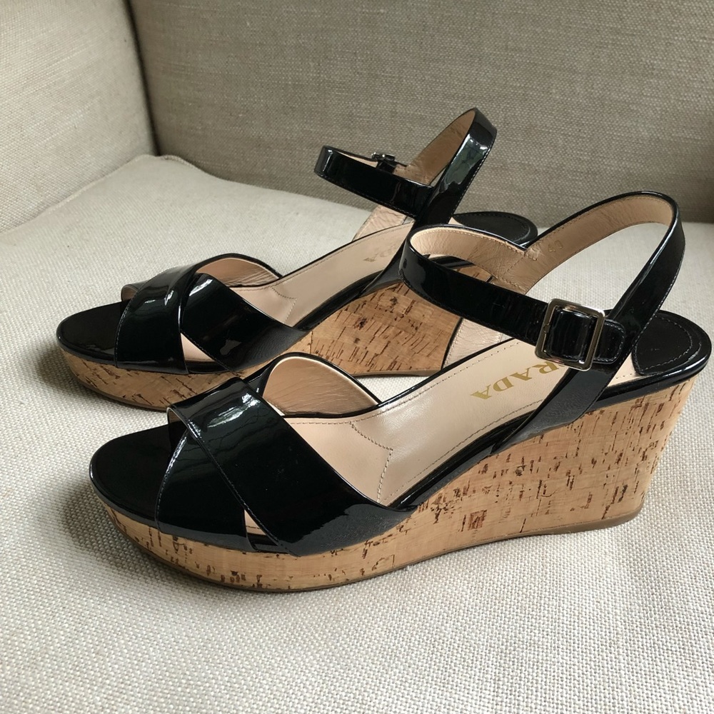 Prada Sandals Patent Wedge Platform Cork Black 10 - image 2